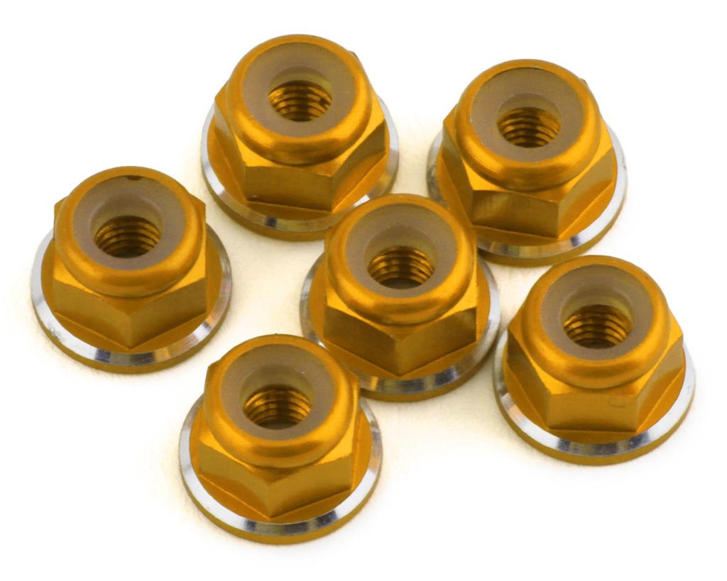 1UP Racing 3mm Aluminum Flanged Locknuts w/Chamfered Finish (Gold) (6)