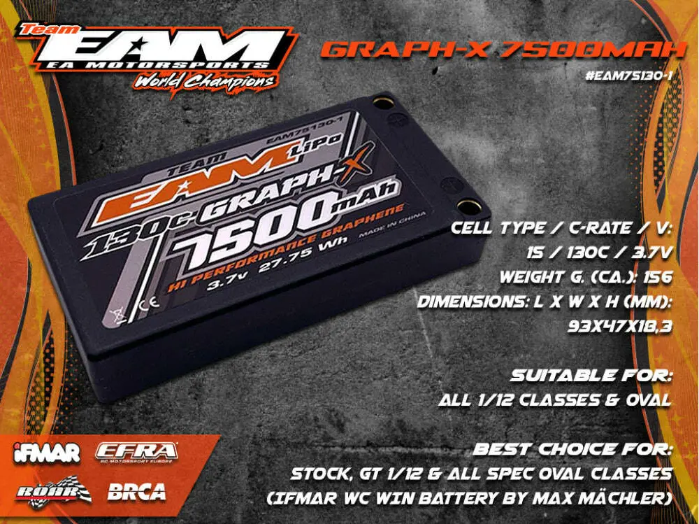 Team EAM 7500 1S 130C Graph-X Lipo Battery. Stock Spec!